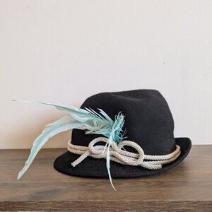 golden gate hate co vintage fedora blue feather wool 71/4 rope black felt